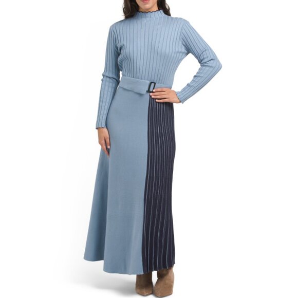 DALIA MACPHEE BLUE MULTI Long Sleeve Maxi Sweater Dress With Belt - Picture 1 of 2